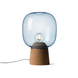 Picia table lamp designed by Enrico Zanolla in blue glass and natural cork, transparent cable, front view