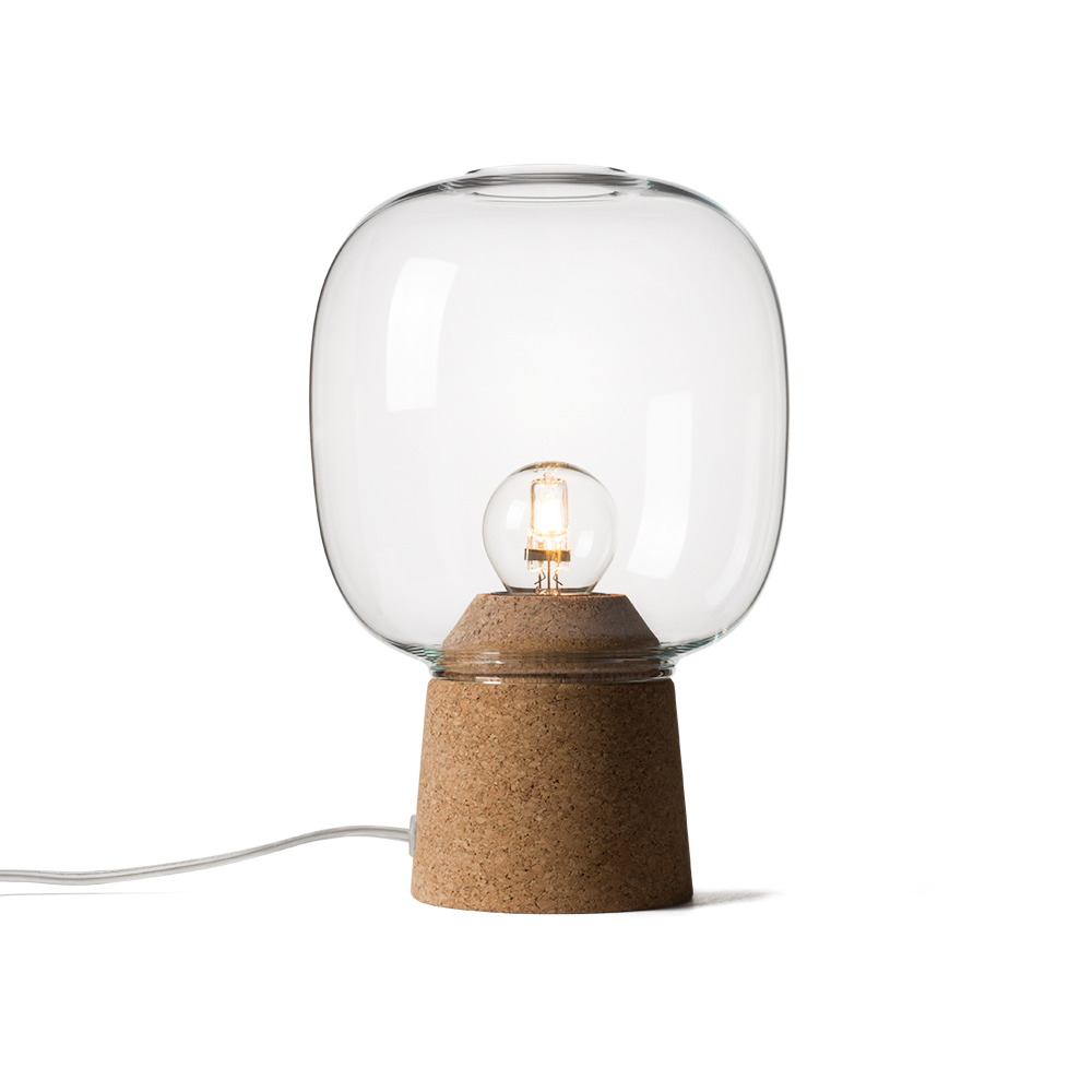 Picia table lamp designed by Enrico Zanolla in clear glass and natural cork, transparent cable, front view