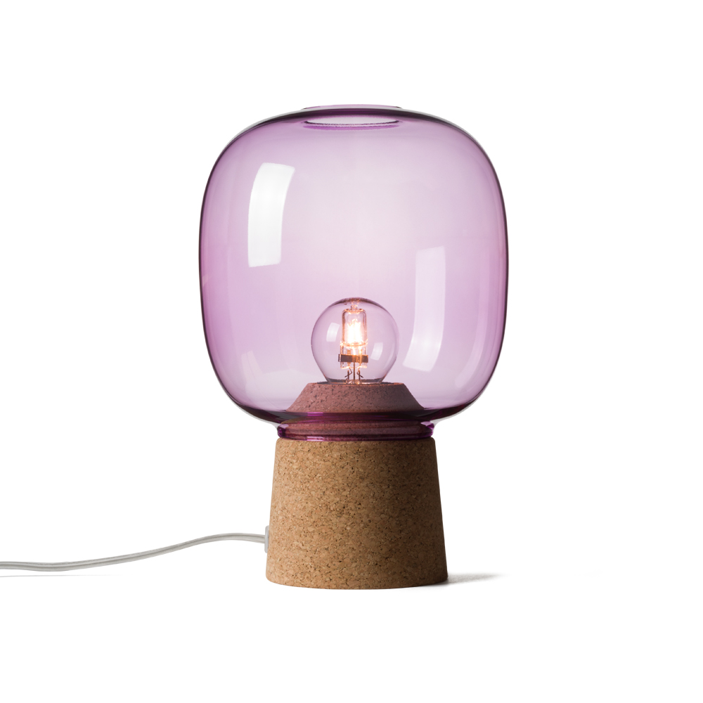 Picia table lamp designed by Enrico Zanolla in purple glass and natural cork, transparent cable, front view