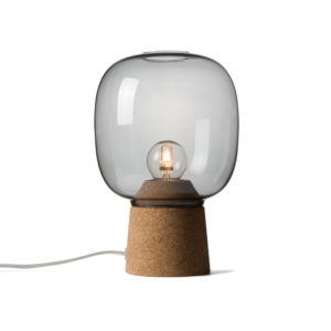 Picia table lamp designed by Enrico Zanolla in smoked glass and natural cork, transparent cable, front view