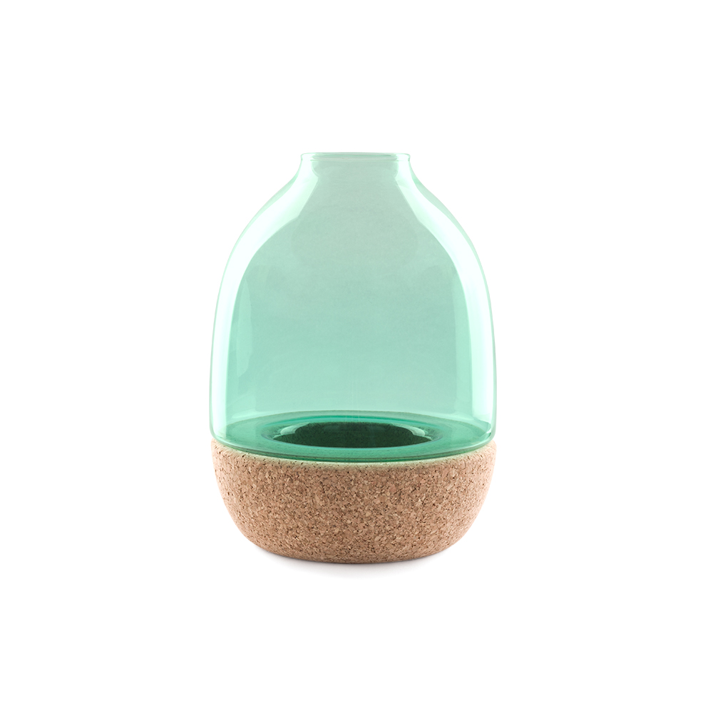 Pitaro vase designed by Enrico Zanolla in green glass and natural cork, front view